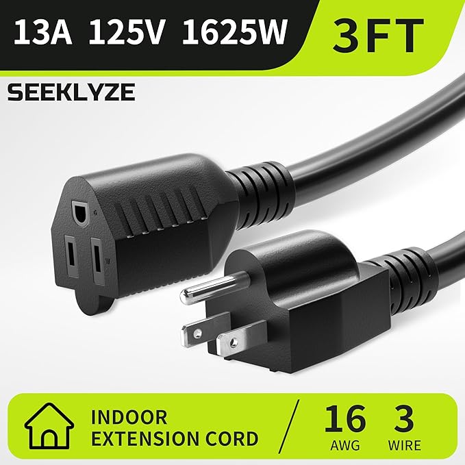 3FT 13A 125V 1625W ETL Listed, 16/3 Indoor Extension Cord Black, Short - Image 4
