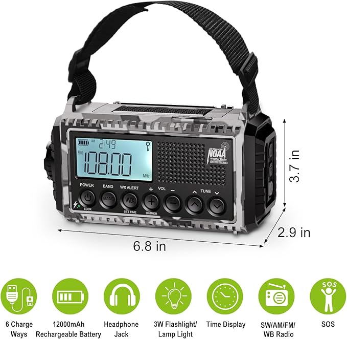 Raynic Solar Radio, 12000mAh/44400mWh Battery Operated Weather Radio, Hand - Image 6