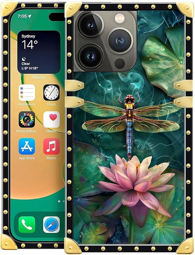 Compatible with iPhone 14 Pro Case, Colourful Dragonfly Pink Lily Pads Luxury by Unknown