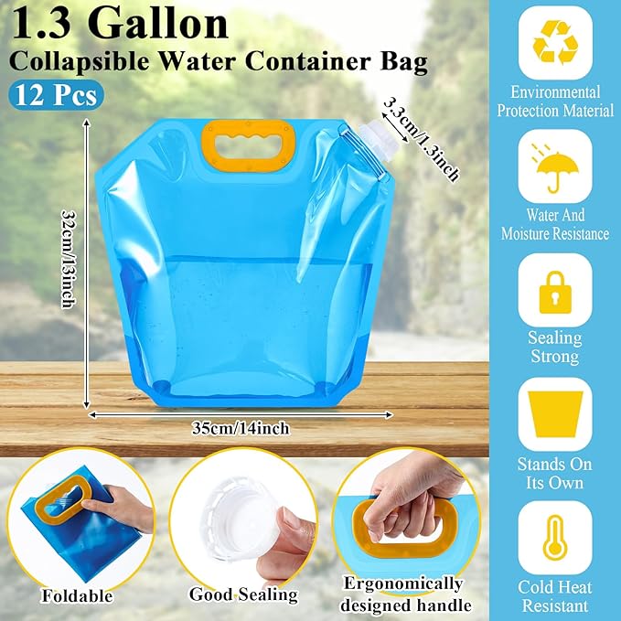 Tessco for you 12 Pack 1.3 Gallon Collapsible Water Storage Bag Water Container - Image 2