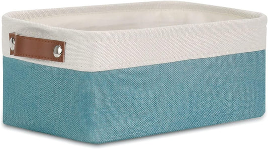 DULLEMELO Small Collapsible Fabric Basket for Organizing, Shelves, Closets, Laundry, Nursery, Decorative Gift Basket (White & Teal)