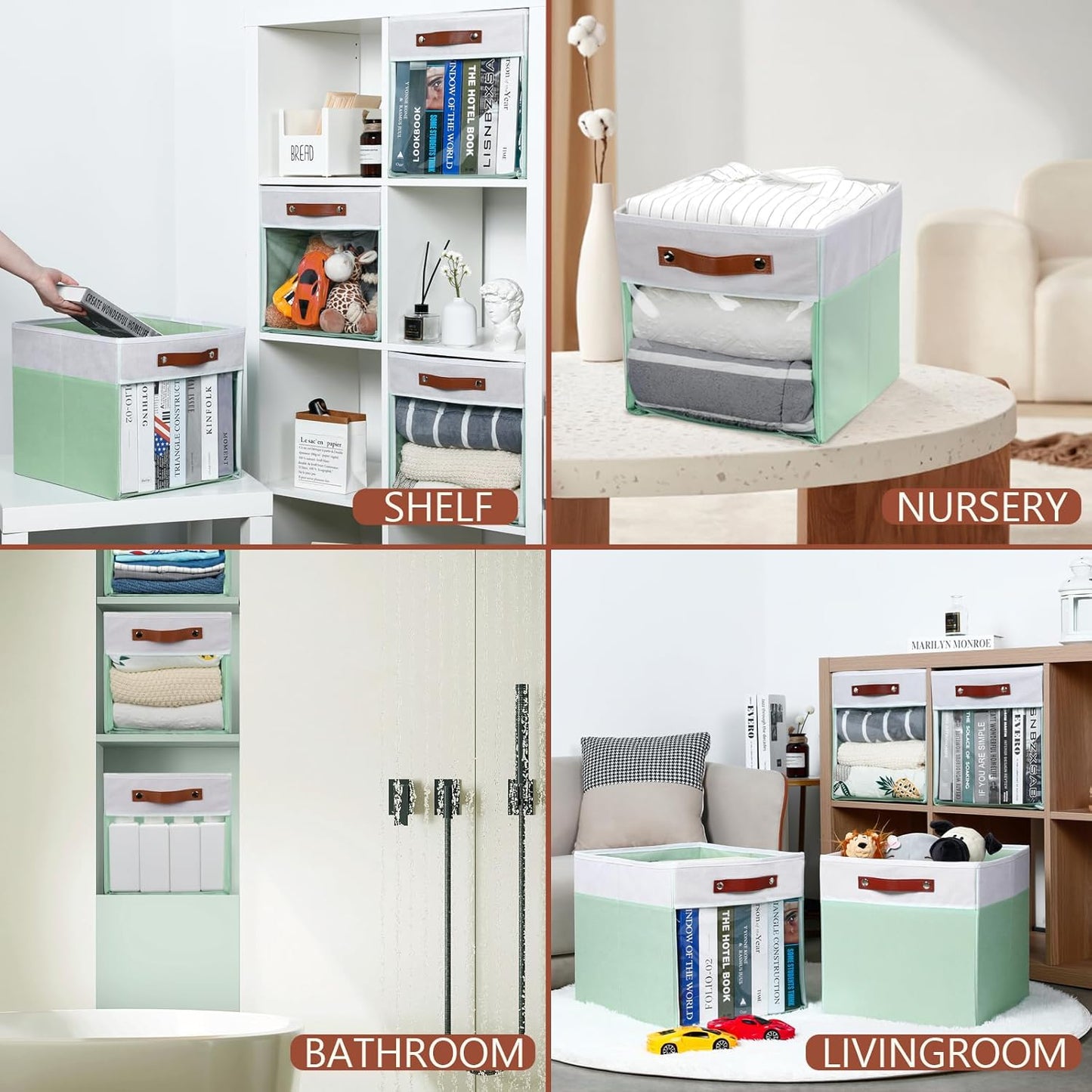 HNZIGE Clear Storage Cubes Bins 11 x 11, Fabric Storage Cube Bins for Storage Organizer,Shelf Storage Bin for Organizing, Cubby Foldable Cube Organizer Bin for Storage Blanket Home(White Green 6PCS)