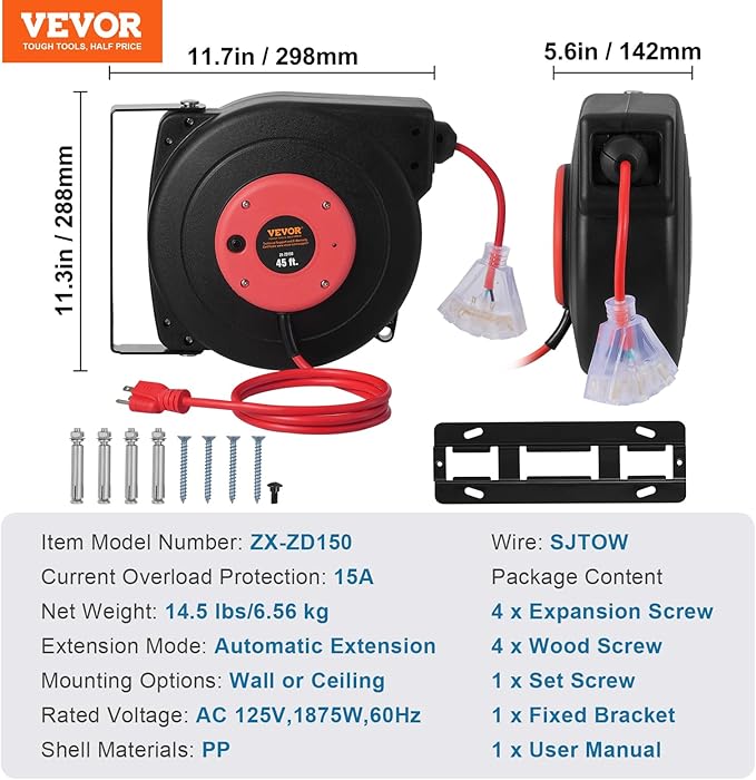 VEVOR Retractable Extension Cord Reel, 45 FT, Heavy Duty 12AWG/3C SJTOW - Image 7