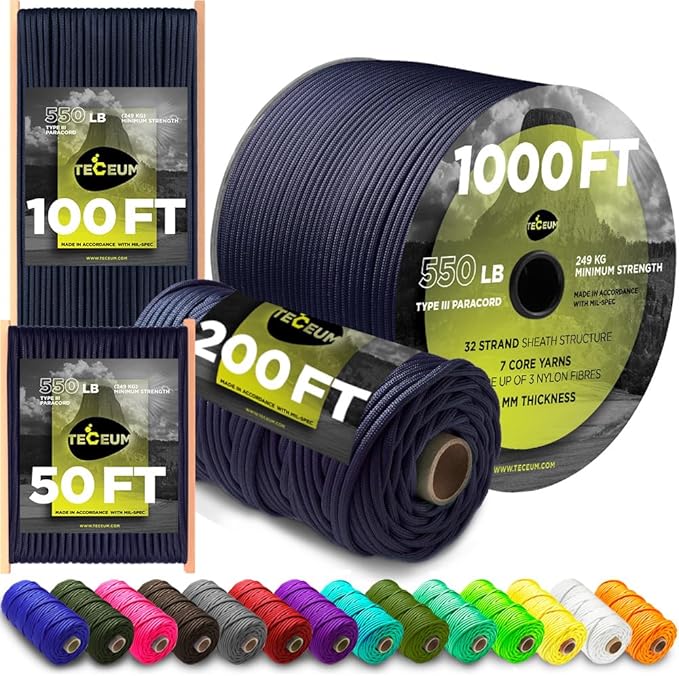 TECEUM Paracord Type III 550 Navy Blue – 1000 ft – 4mm – Tactical Rope MIL-SPEC by TECEUM