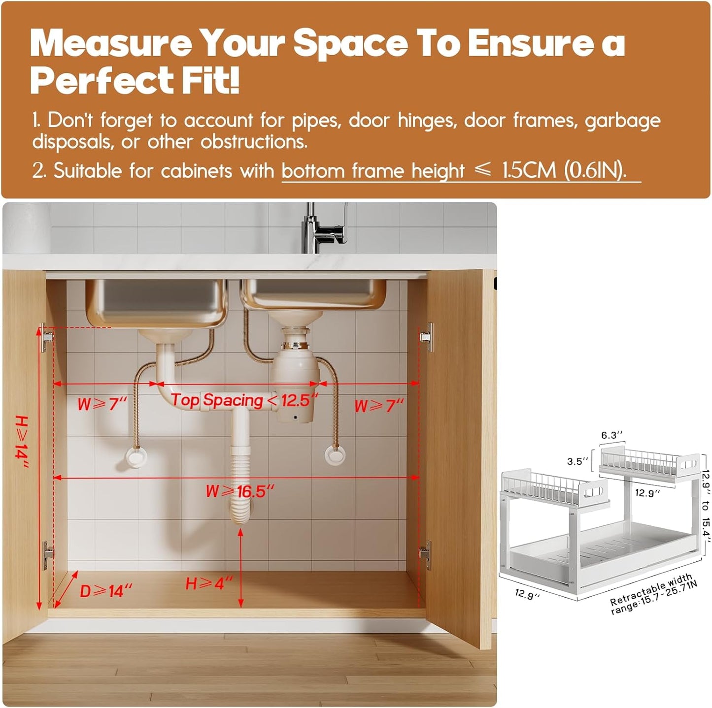 1 Pack-15.7"-25.7"W Expandable Under Sink Organizer With Upgrade Ball-Bearing Slide,2-Tier Pull Out Under Cabinet Organizer Height Adjustable,Not Suitable For Cabinets With Partitions In The Middle