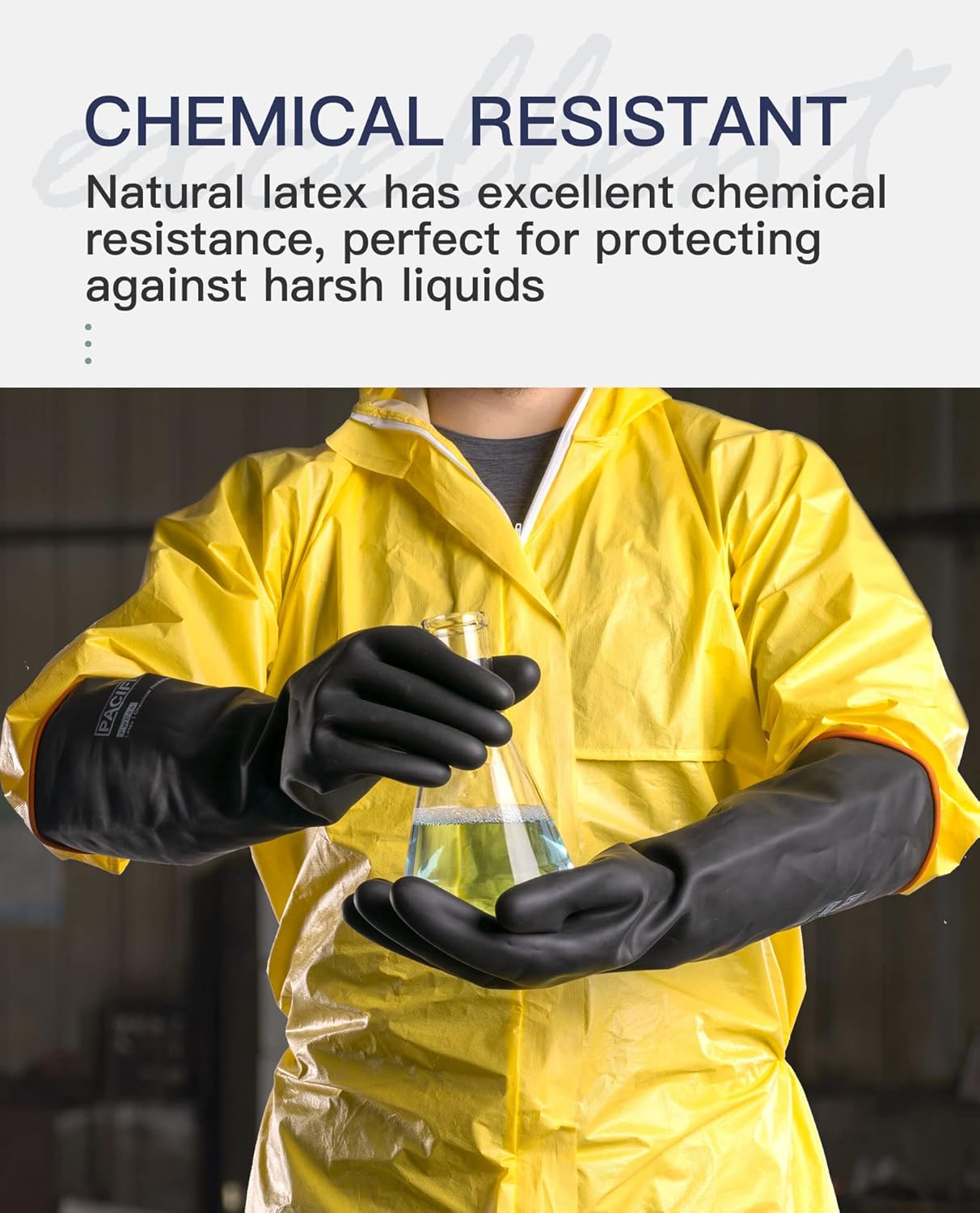 PACIFIC PPE Heavy Duty Latex Chemical Gloves, Strong Acid Resistance Rubber Gloves, Against Alkali and Oil, 18"