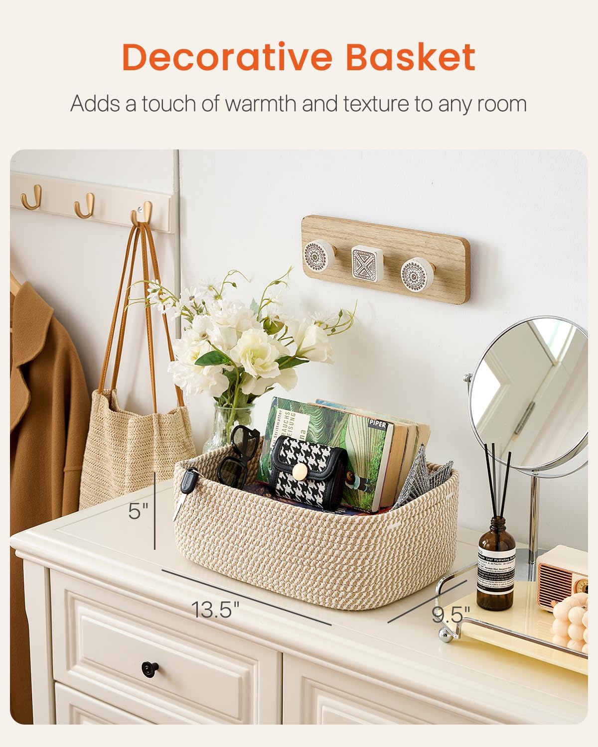 Small Woven Basket, 13.5 x 9.5 x 5 Inches, Storage Basket for Organizing, Cute Small Rope Shelf Closet Cube Storage Bins Baskets for Shelves, Dog Toy Gift Baskets Empty, 3 Pack Brown