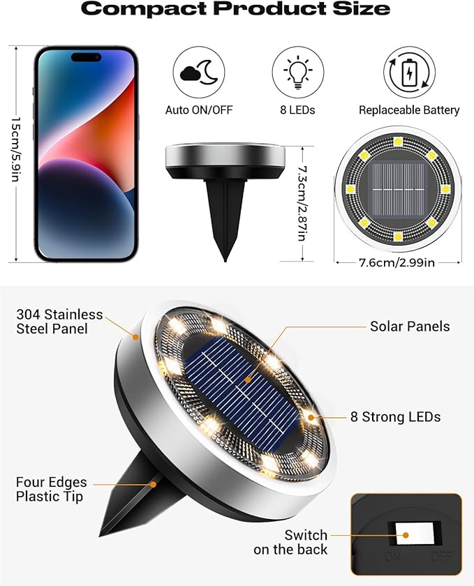 btfarm 2 Pack Solar Lights Outdoor, 8 LED Solar Ground Lights IP65 Waterproof - Image 6