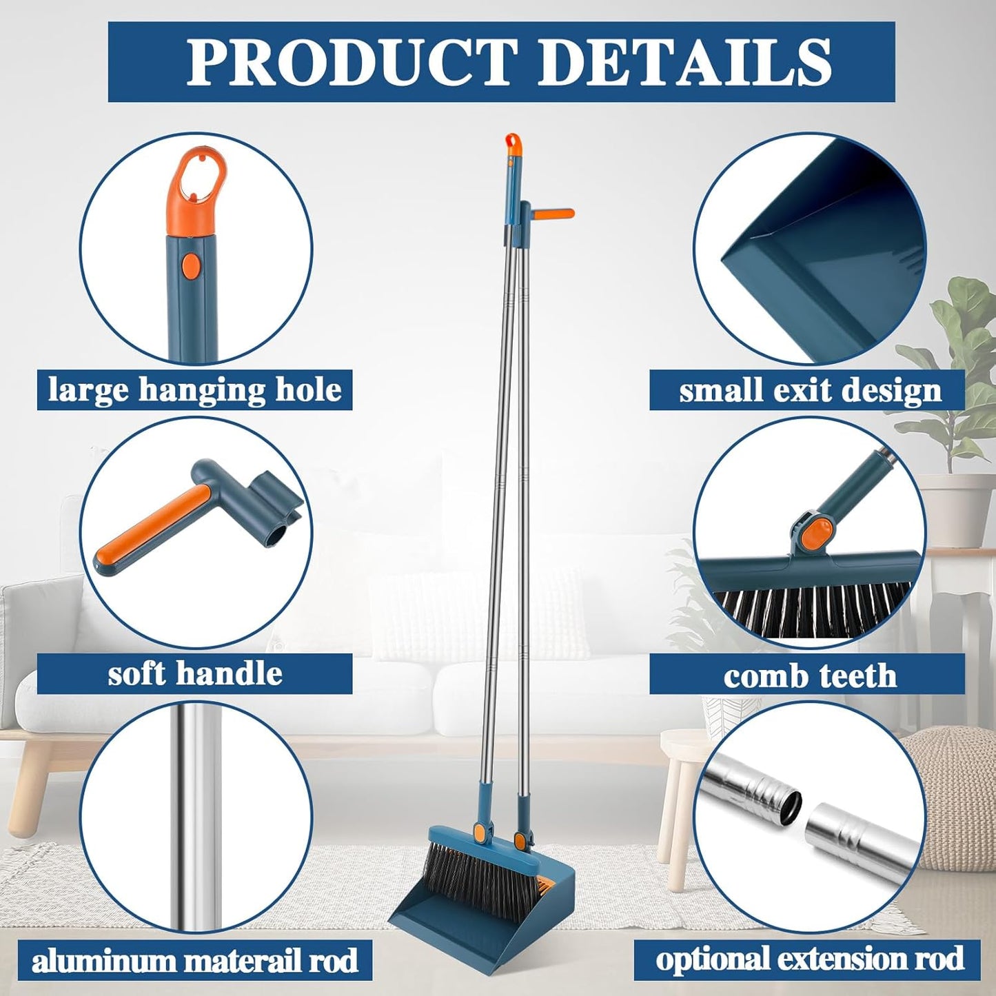 Suclain 4 Set 8 Pcs Broom and Dustpan Set 47 Inch Long Handle Brooms for Sweeping Indoor Household Dustpans for Indoor Outdoor Kitchen Floor(Blue)