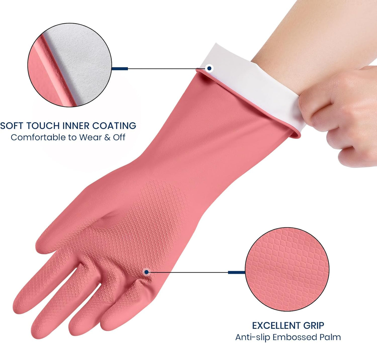 Rubber Cleaning Gloves for Dishwashing, 4 Pairs Reusable Kitchen Gloves for Washing Dishes and Household Cleaning, Pink Dish Gloves with Flocked Lining and Non-Slip Grip, Pefect for Woman Men - M