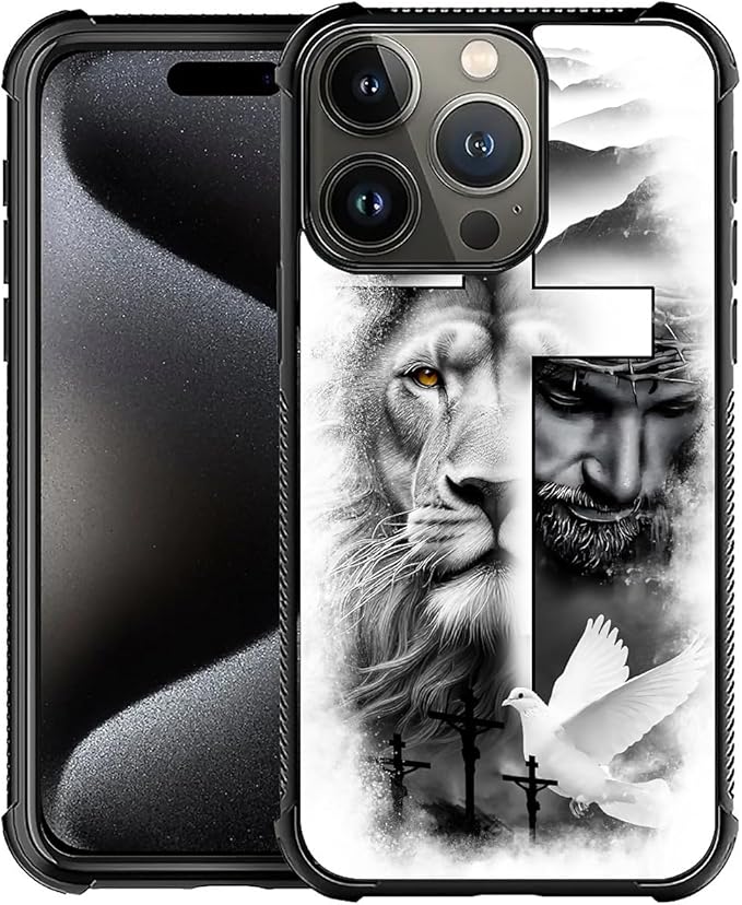 for iPhone 16 Pro Case, Lion Cross Jesus Christ Dove Pattern Graphic Design by FKBRCL4U