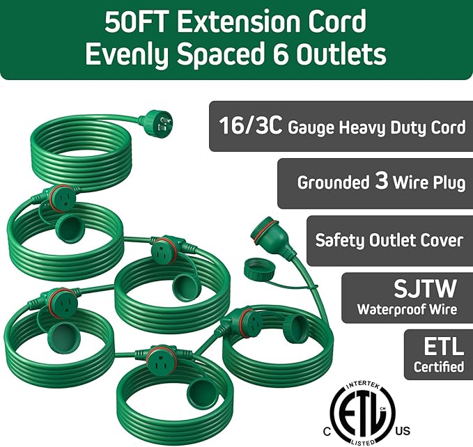 50FT Green Outdoor Extension Cord, Evenly Spaced 6 Outlets Plugs - Image 3