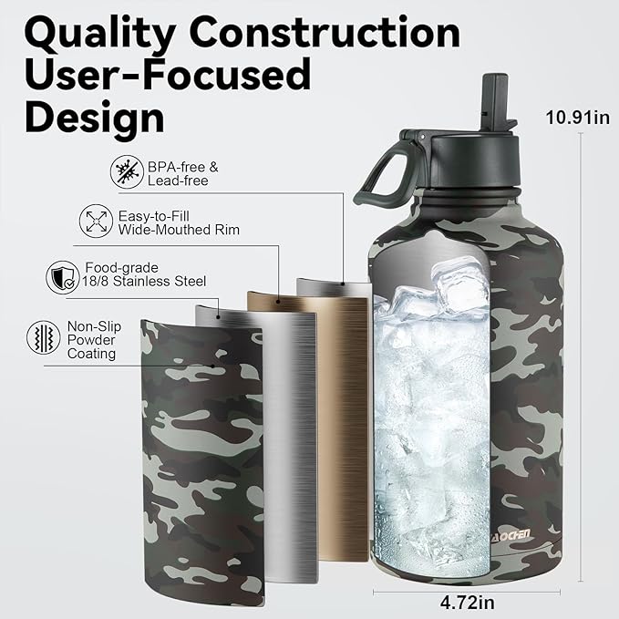 KXIAOCHEN Insulated Water Bottle, Stainless Steel Water Bottle, 2 Lids - Image 5