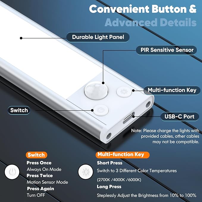 3-Pack Under Cabinet Lighting, 68LED 1800mAh Motion Sensor Lights Indoor - Image 3