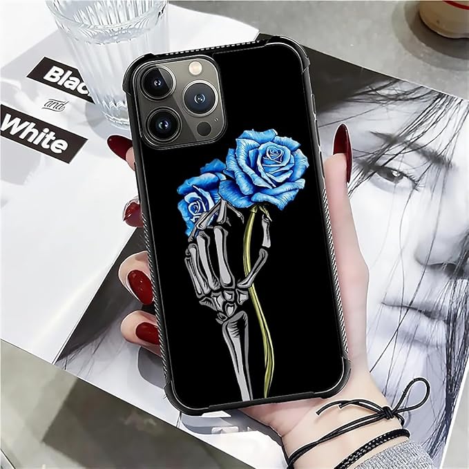 for iPhone 16 Pro Max Case, Skeleton Holding Blue Rose Pattern Graphic Design - Image 7