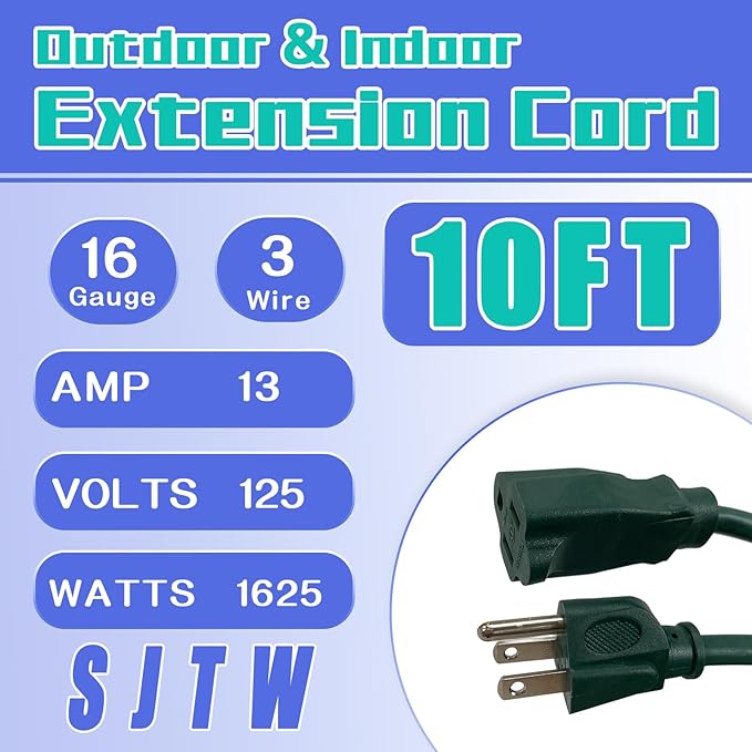 Indoor Outdoor Extension Cord 10 FT, 16/3 SJTW Weatherproof Green Electrical - Image 2