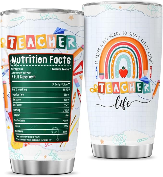 Teacher Appreciation Gift for Women, Cute Rainbow Design Stainless Steel Tumbler by JENOIS