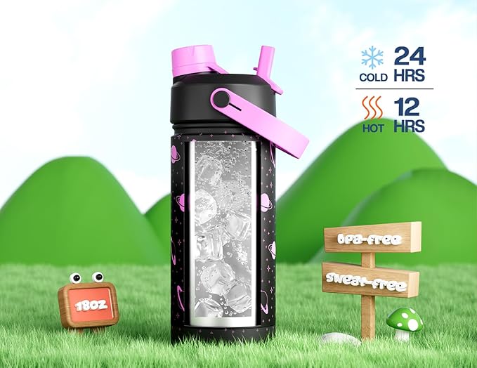 18 oz Kids Insulated Water Bottle: Glow-in-the-Dark, 2-in-1 Straw Spout Lid - Image 5