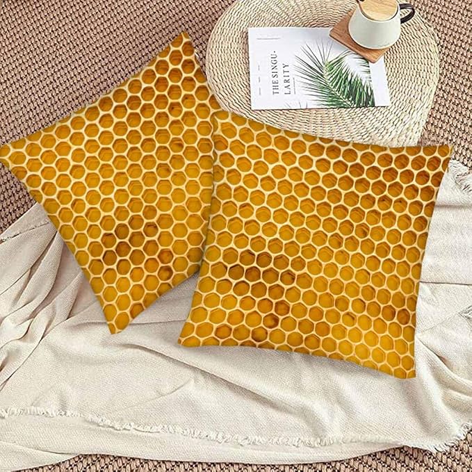 Bee Honeycomb Throw Pillow Covers 18x18 Yellow Honey Abstract Set of 2 Pillow - Image 3