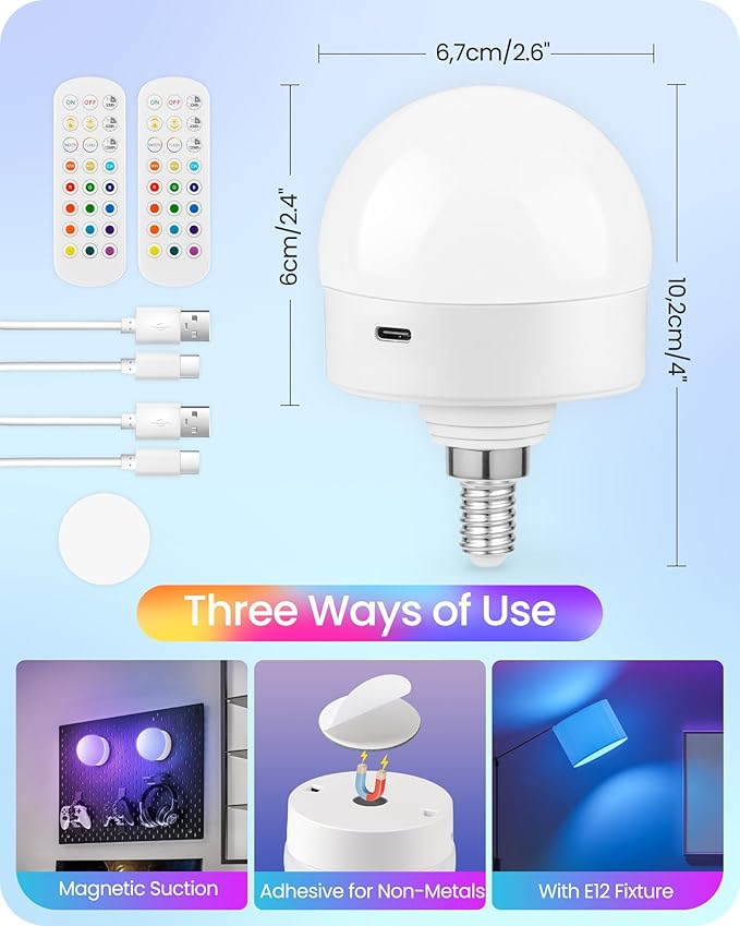 Rechargeable Light Bulbs with Remote Control, 2 Pack E12 Base Battery Operated - Image 3