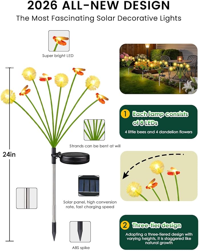 Solar Garden Lights Outdoor, 4 Pack 32 LED, Solar Swaying Dandelion Bee Lights - Image 5