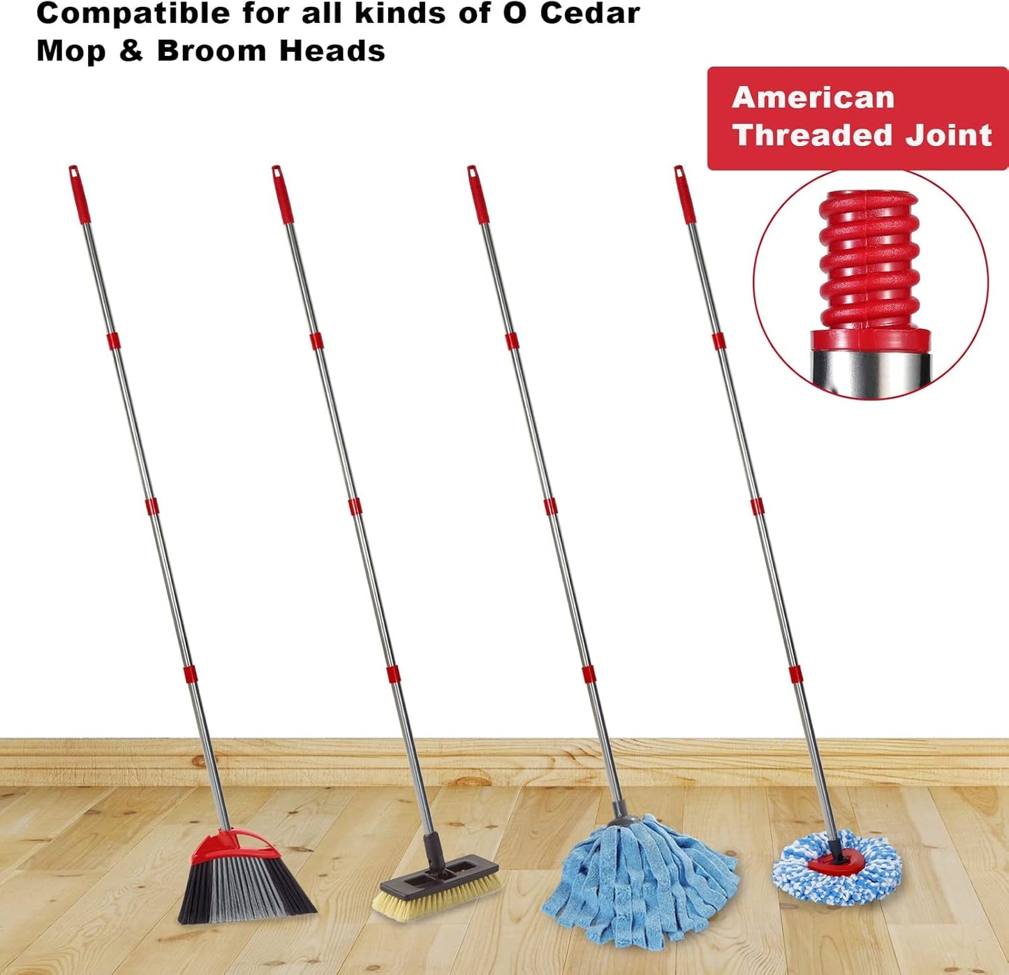 Spin Mop Replacement Handle - 4 Section Mop or Broom Handle/Stick Compatible with O Cedar Spin Mop Refills and Brooms, 30" to 59", American Threaded Joint End (Mop Head Not Included)