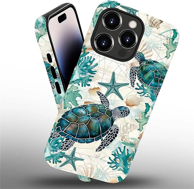 for iPhone 14 Pro Case, HH2 Ocean Sea Turtle Nautical Map Hybrid 2 Layer Hard - Image 2