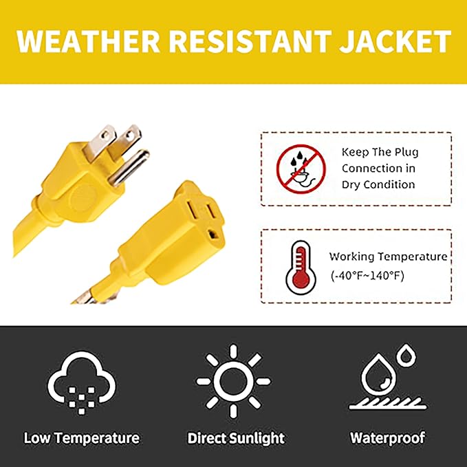 Extension Cord Weatherproof, UL Certified, 12 Gauge 3FT Yellow 3 Prong Heavy - Image 6