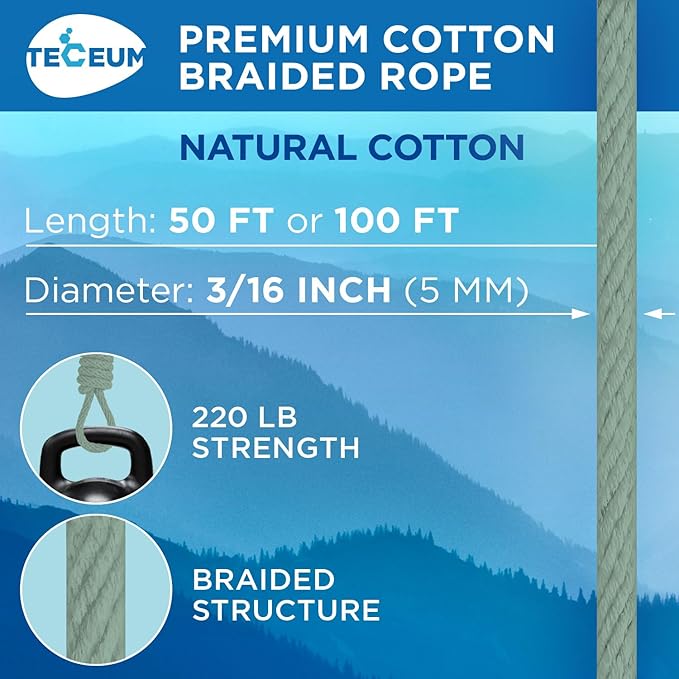 TECEUM Cotton Rope 3/16” – 100 FT – Strong All-Purpose Braided Rope – Natural - Image 8