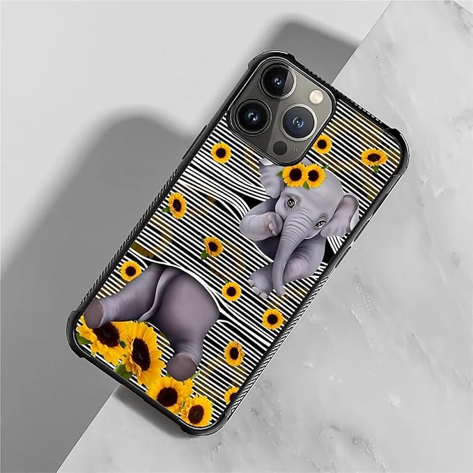 for iPhone 15 Pro Max Case, Cute Little Elephant Sunflower White Line Art - Image 2
