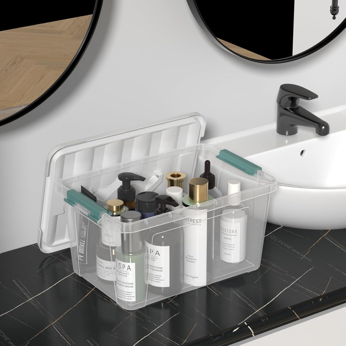 Zopnny 14 Quart Plastic Lidded Storage Bin with Handle, Clear Latching Box with White Lid, 6 Packs