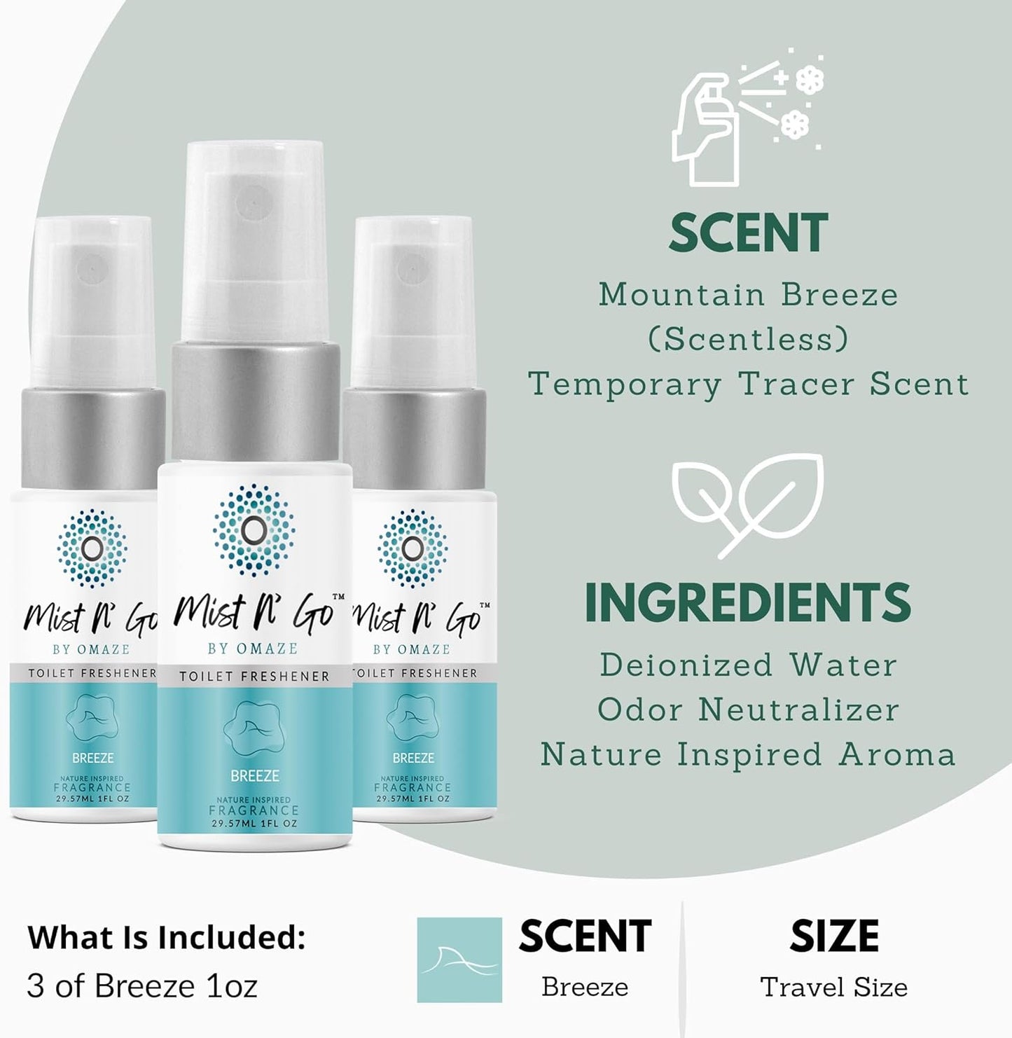 Mist N’ Go by Omaze Travel Bathroom Spray for Toilet Spray Odor Eliminator - Travel Toilet Spray for Bathroom Air Freshener Spray for Bathroom Deodorizer - Breeze Travel Size (1oz x3)