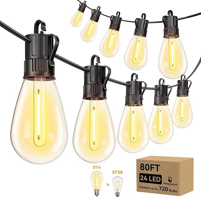Minetom 80FT Outdoor String LED Patio Lights Waterproof, 24 Shatterproof S14 by Minetom