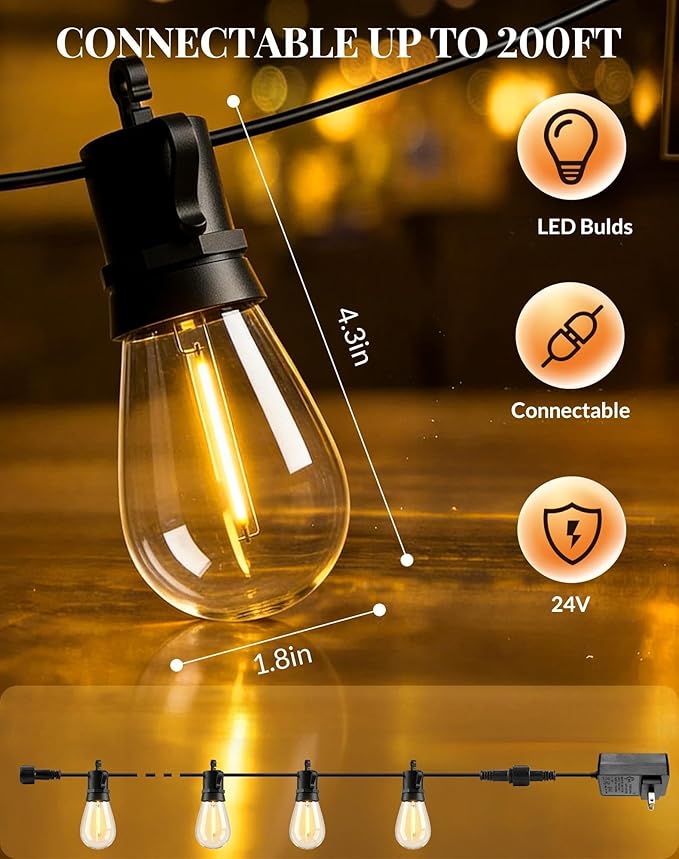 Outdoor String Lights LED Patio-Light - 50Ft Outside Waterproof Dimmable Porch - Image 6