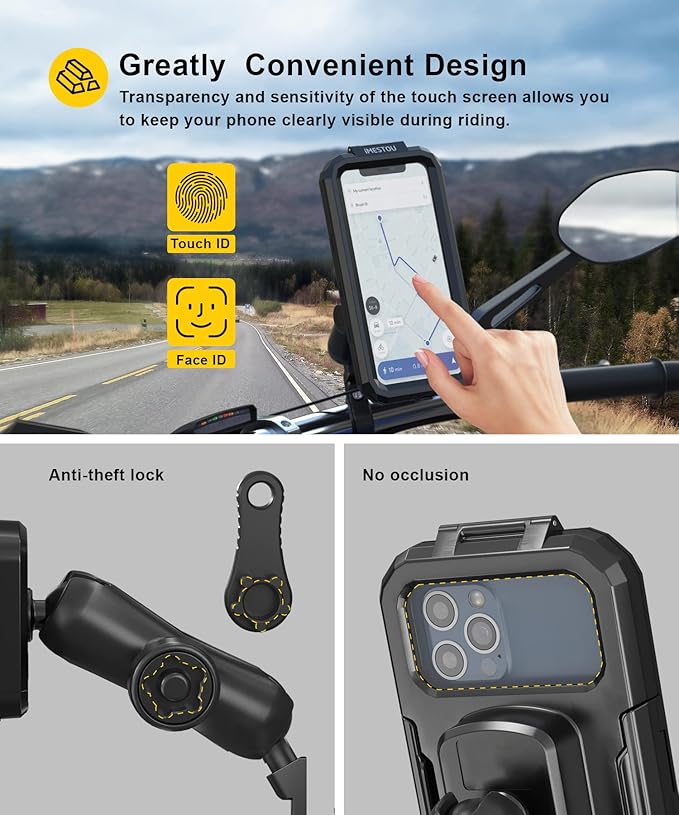 iMESTOU Waterproof Rearview Mirror Phone Mount, Motorcycle 1" Ball Phone Holder - Image 2