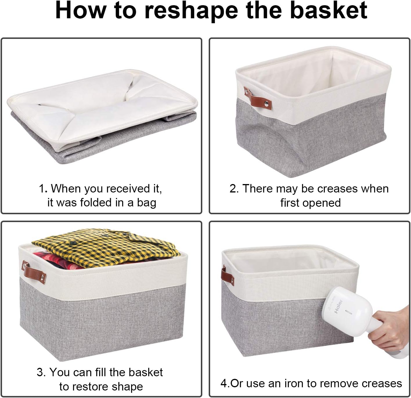 Univivi 15 inch Large Storage Baskets 4PC Gray Hard Bottom Foldable Storage Bins with PU Handles for Shelf Rectangle Fabric Baskets for Organizing (15”X10.5”X9.5”)