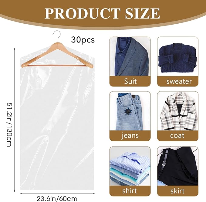 30 Pack Clear Dress Covers for Hanging Plastic Garment Bags 23.6 x 51.2 Inch - Image 2