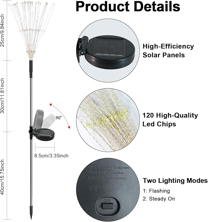 Solar Garden Lights Outdoor, 2 Pack 120 LED Twinkling Firework Lights Decorative - Image 7