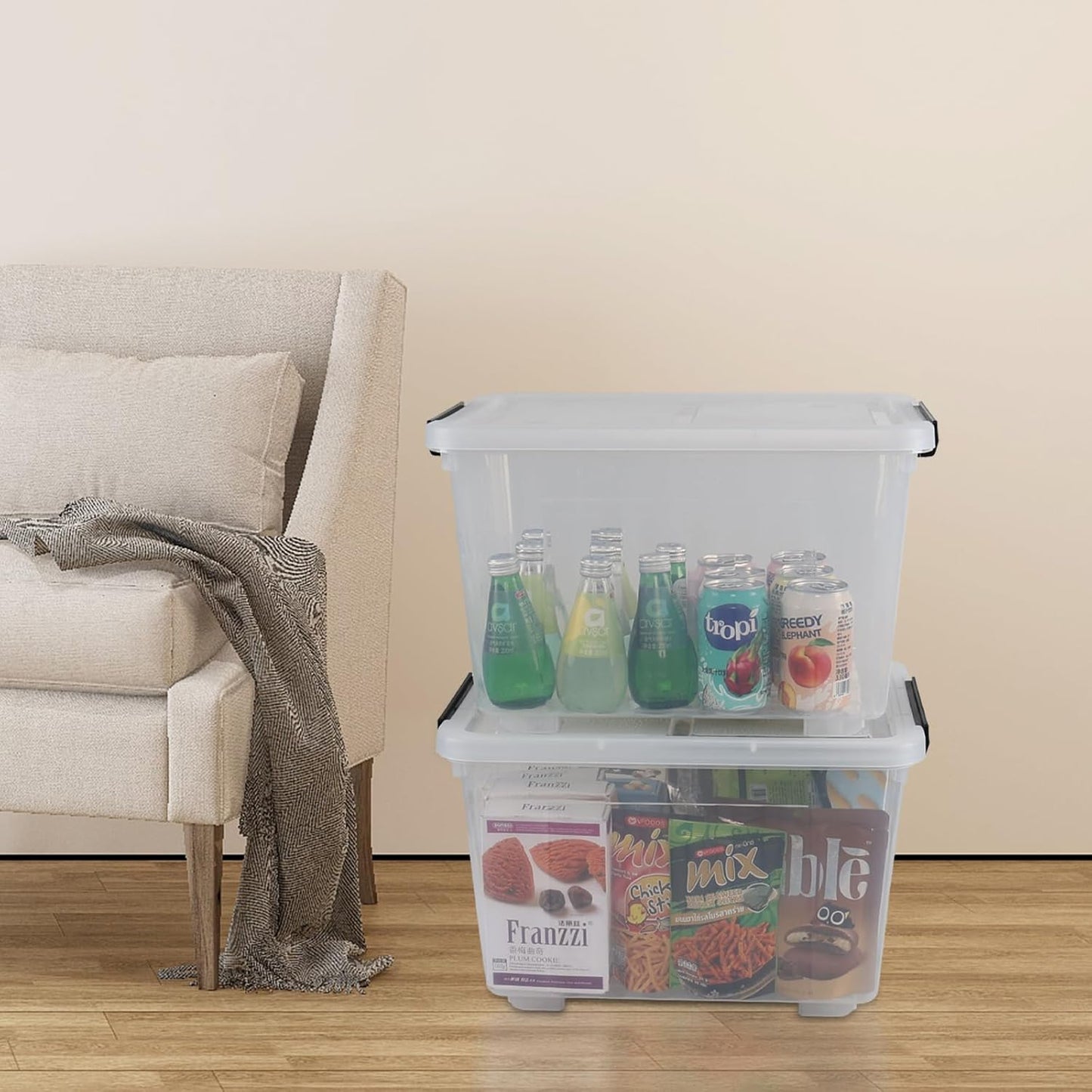 30 Quart Clear Plastic Latch Storage Bins with Wheels, 4-Pack Wheeled Clear Storage Totes