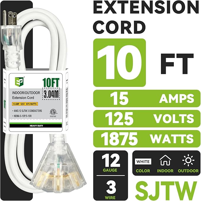 EP 10FT 12 Gauge Heavy Duty Extension Cord, 15A 125V 1875W, 3 Outlet - Image 2
