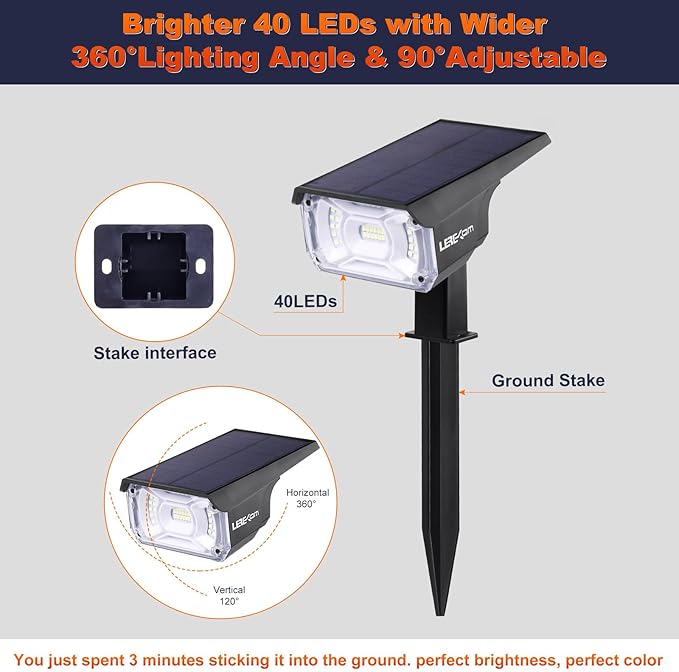 LEREKAM 40 LEDs Spotlights, IP65 Waterproof Solar Powered Landscape Spotlights - Image 6