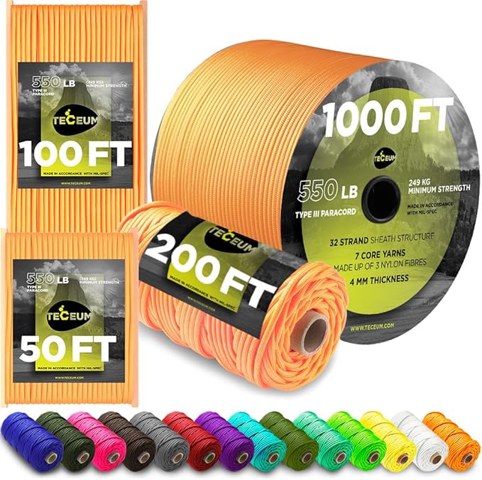 TECEUM Reflective Paracord Rope 1000 – 1000ft/200ft/100ft/50ft – 40+ Colors – by TECEUM