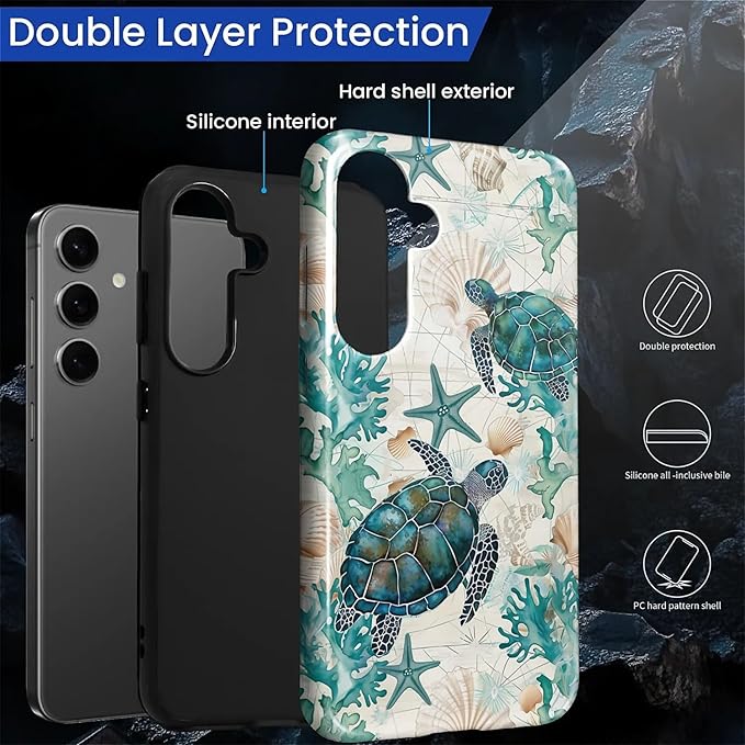 for Samsung Galaxy S25 Case, HL2 Ocean Sea Turtle Nautical Map Hybrid 2 Layer - Image 2
