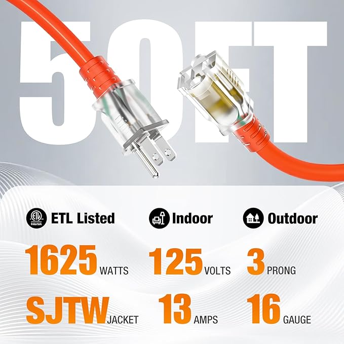 50 FT Outdoor Extension Cord Waterproof, 16/3 Gauge Heavy Duty 3 Prong Power - Image 2