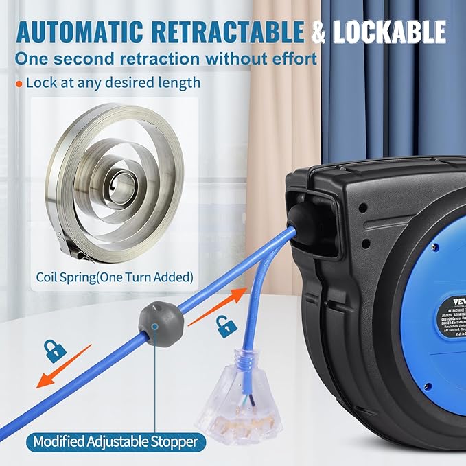VEVOR 75FT Retractable Extension Cord Reel, 14AWG/3C SJTOW Heavy Duty Power - Image 5