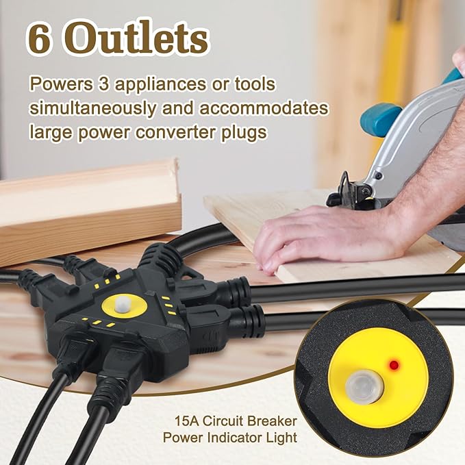 10FT 14 Gauge Outdoor Extension Cord 6-Outlet 14/3 SJTW Heavy Duty Extension - Image 3