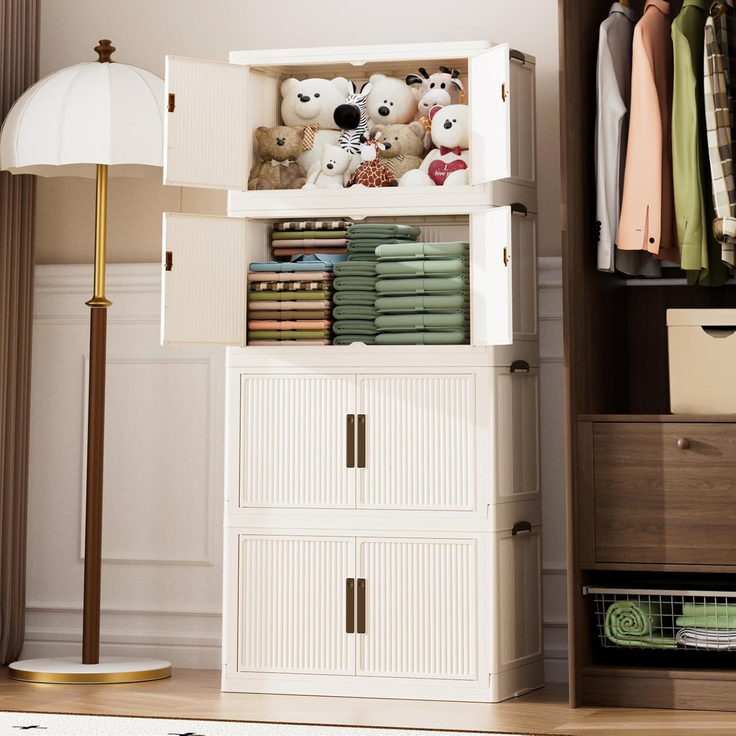 Stackable Storage Bins with Lid 44Gal/176QT Plastic Collapsible Storage Cabinet 4 Tiers Foldable clothes Organizers and Storage bins with Wheels and Doors for Home Office White