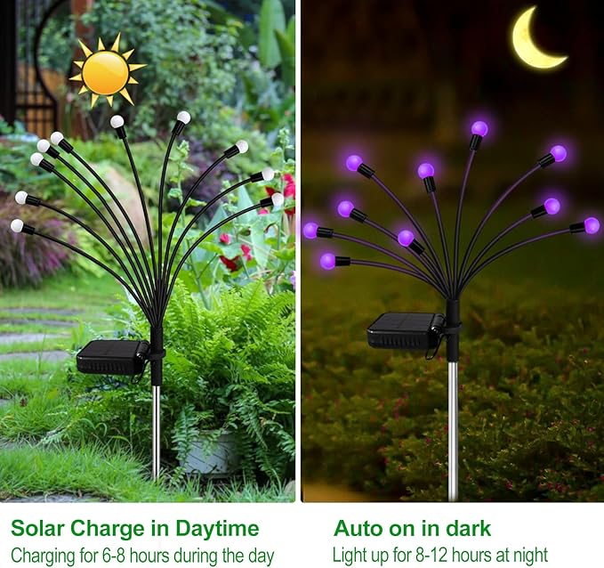Kohlrabi Solar Garden Lights Outdoor, 4 Pack 32 LED Solar Purple Firefly Lights - Image 3