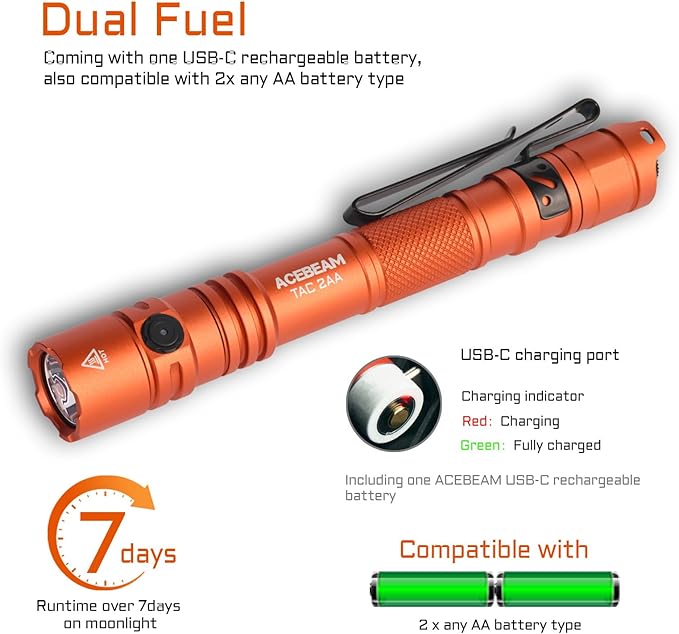 ACEBEAM TAC 2AA EDC Tactical Dual Modes Flashlight Rechargeable, 1600 High - Image 5