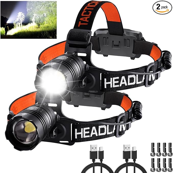 Headlamp Rechargeable 2Pack, Head lamps led rechargeable, Adjustable Focus by Rufykiri